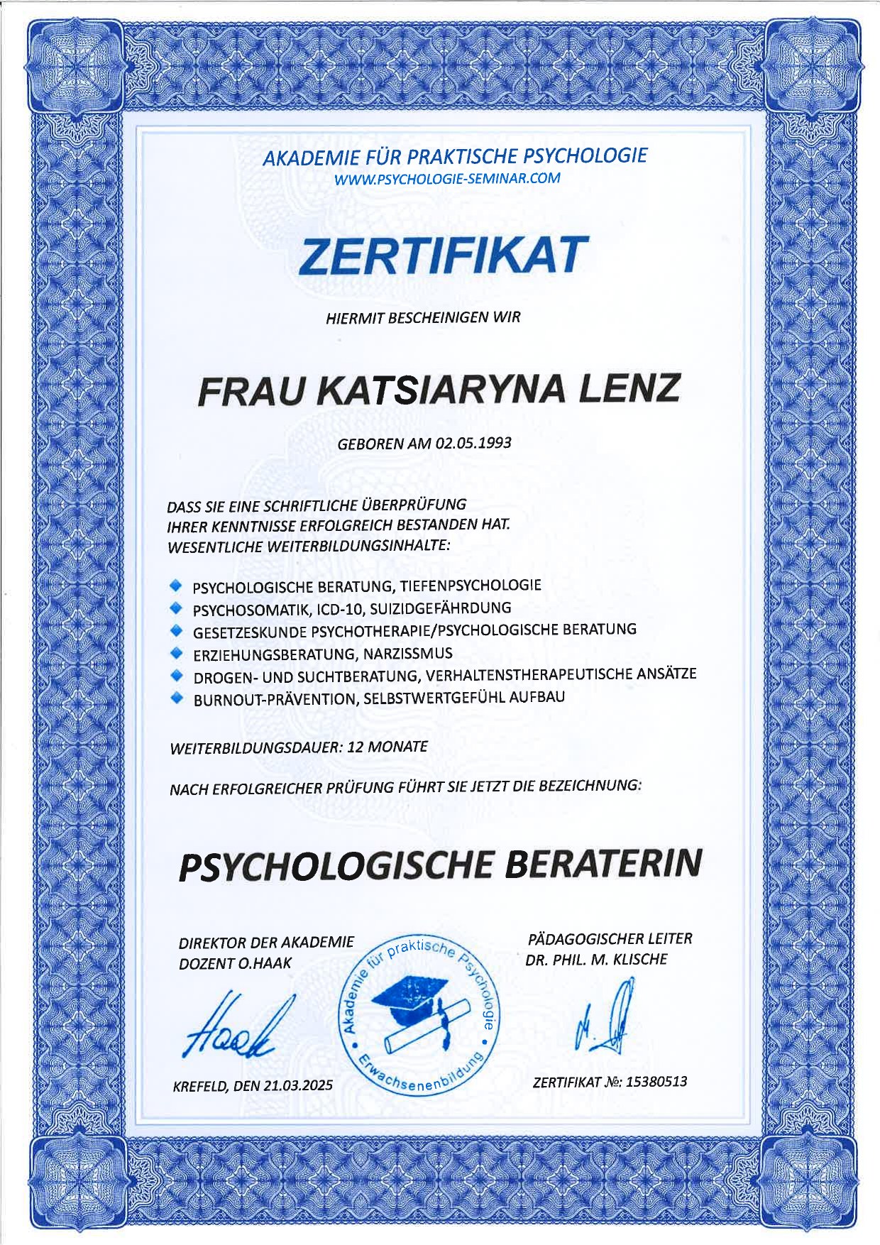 Zertifikat von Katsiaryna Lenz als Psychologische Beraterin
